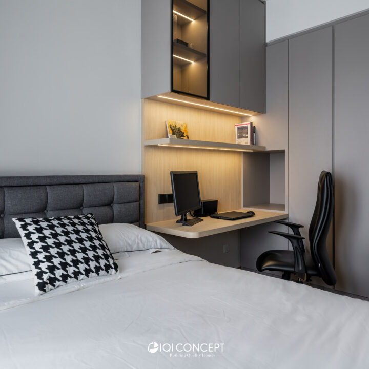 Condo Bedroom Neutral Grey White Black Design